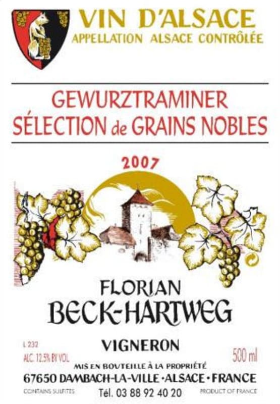 Cave de Florian Beck-Hartweg Alsace Selections de Grains Nobles Gewurztraminer 2007 Front Label