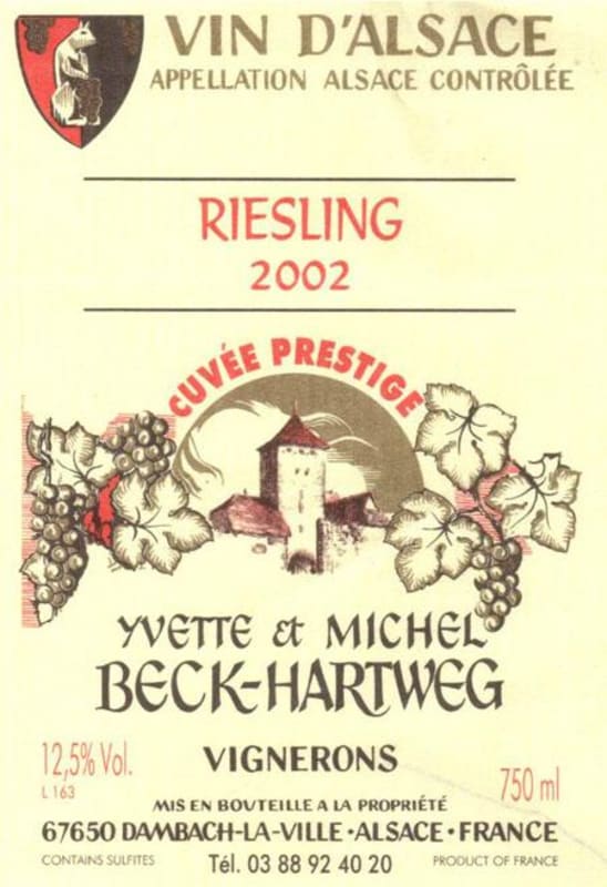 Cave de Florian Beck-Hartweg Alsace Cuvee Prestige Riesling 2002 Front Label