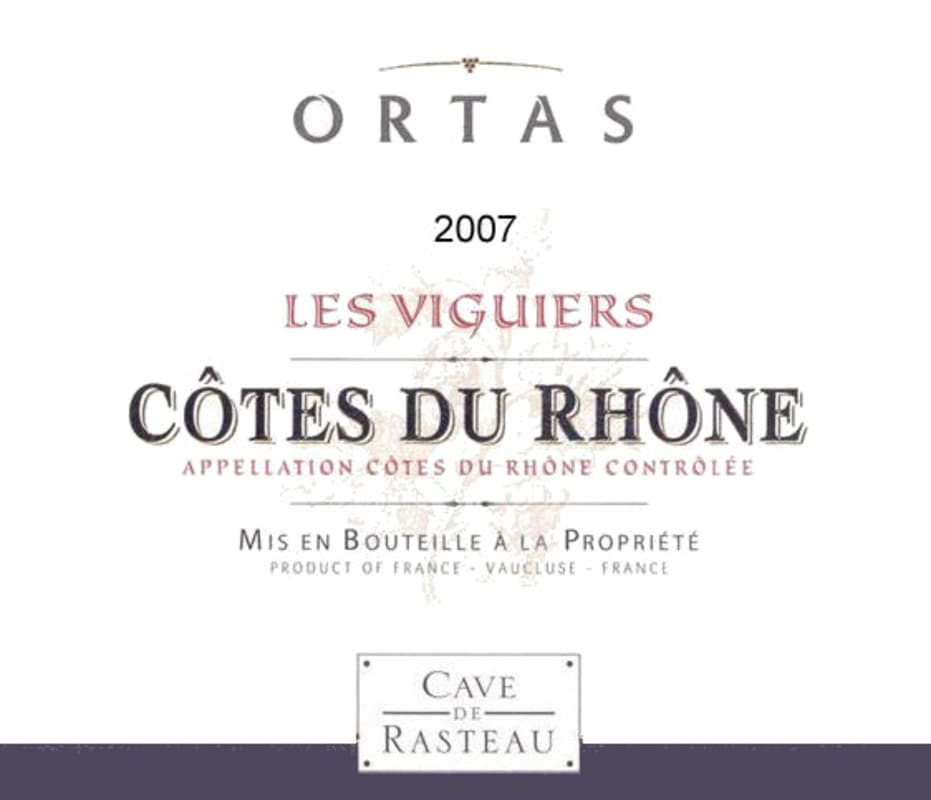 Cave de Rasteau Cotes du Rhone Ortas Les Viguiers Rouge 2007 Front Label