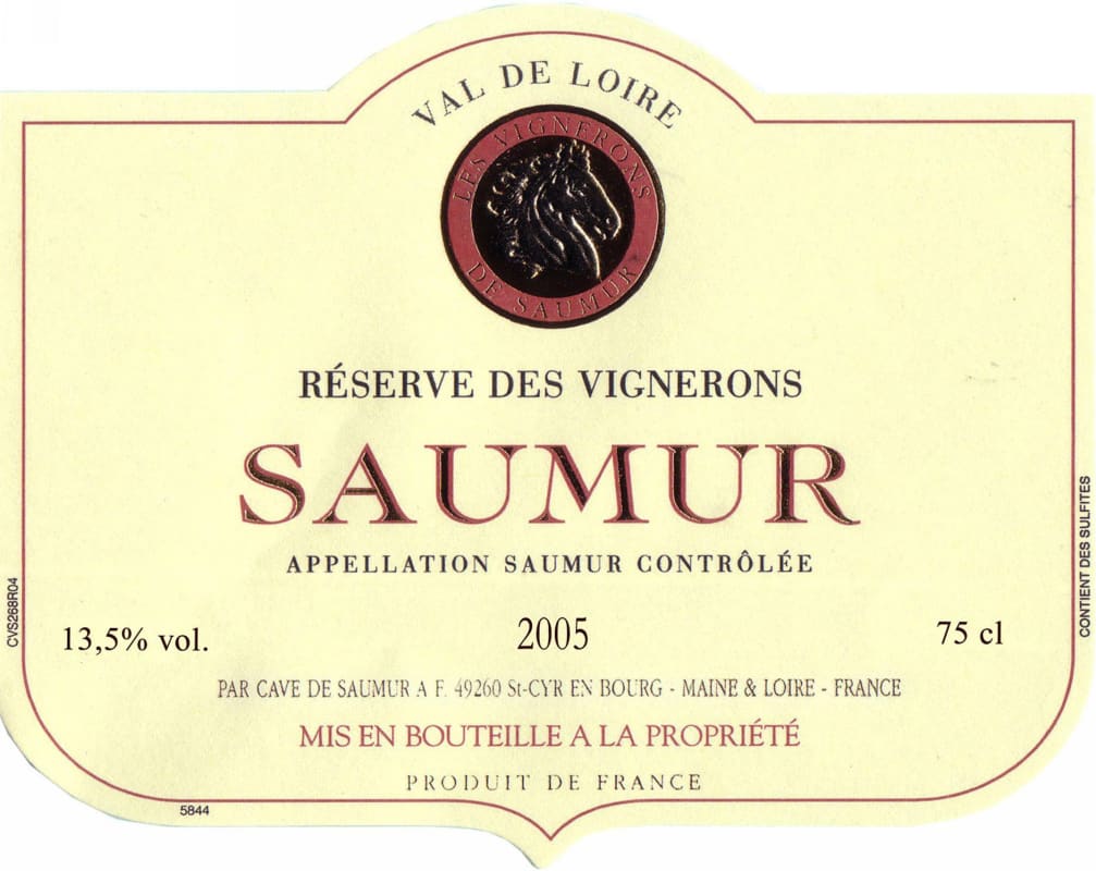 Cave de Saumur Saumur Rouge Reserve des Vignerons 2005 Front Label