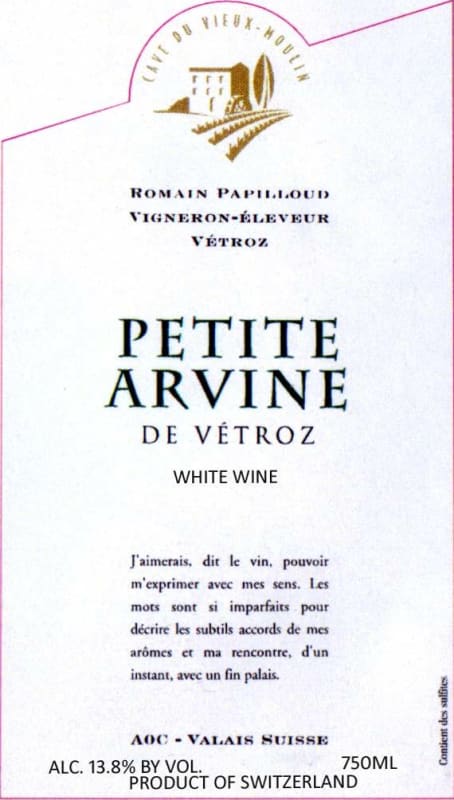 Cave Du Vieux-Moulin Petite Arvine de Vetroz 2014 Front Label