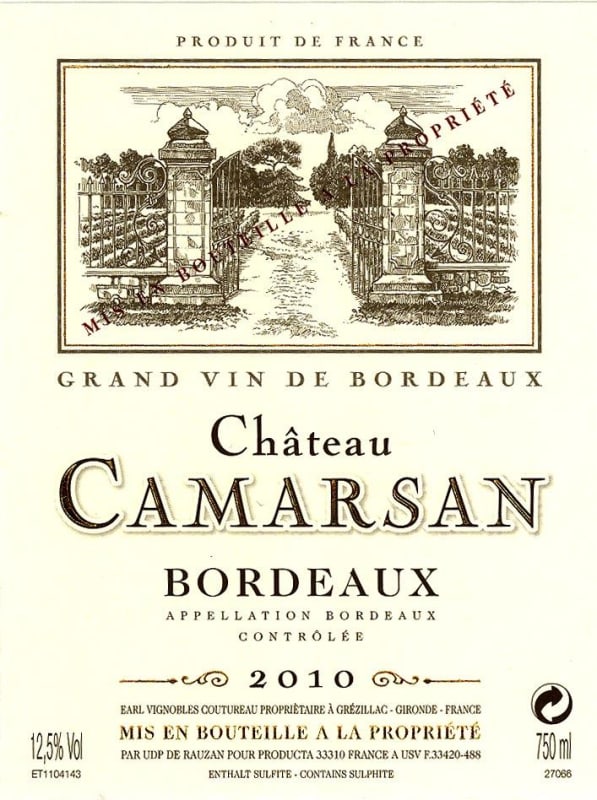 Caves de Rauzan Bordeaux Chateau Camarsan 2010 Front Label