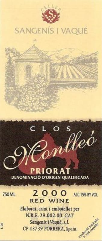 Celler Sangenis i Vaque Clos Monlleo 2000 Front Label