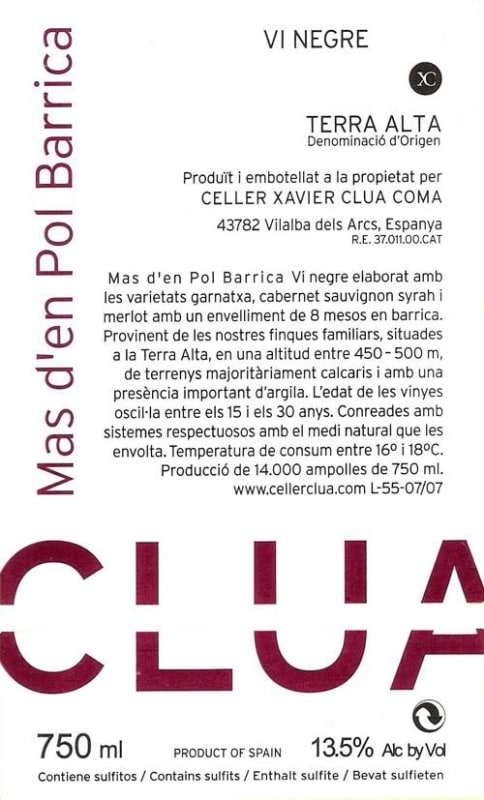 Celler Xavier Clua Terra Alta Mas d'en Pol Barrica Negre 2012 Front Label