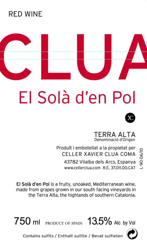 Celler Xavier Clua Terra Alta El Sola d'en Pol Negre 2013 Front Label