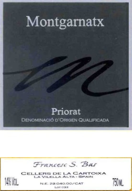 Cellers Cartoixa Montgarnatx 2003 Front Label