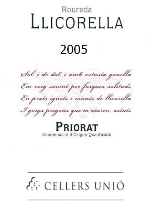 Cellers Unio Roureda Llicorella 2005 Front Label