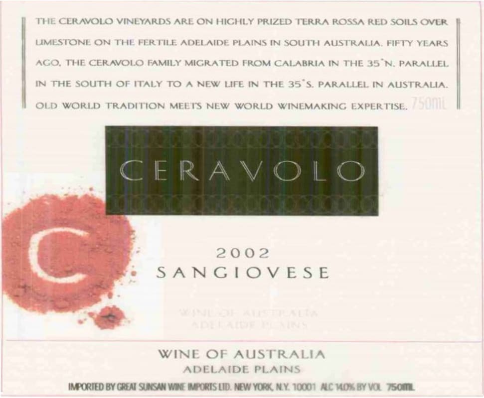 Ceravolo Sangiovese 2002 Front Label