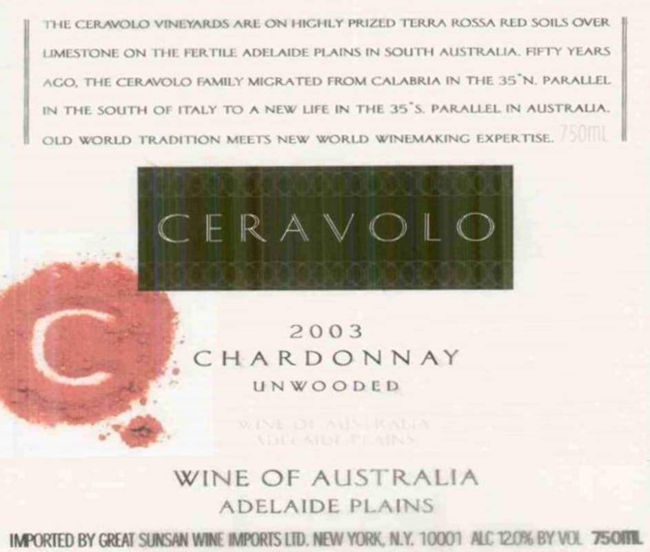 Ceravolo Chardonnay 2003 Front Label