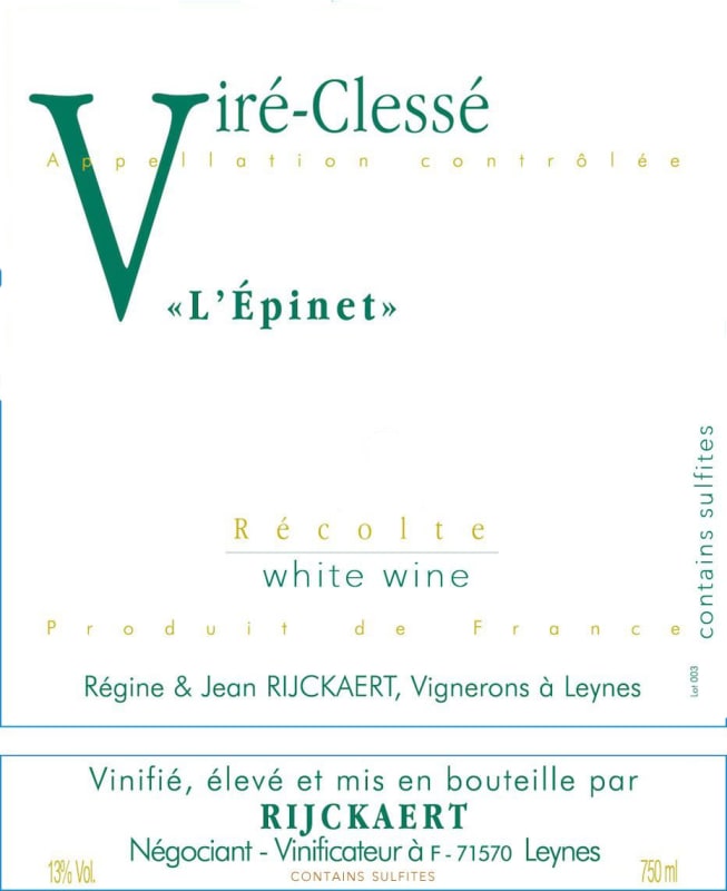 Maison Rijckaert Maconnais Vire-Clesse L'Epinet 2011 Front Label
