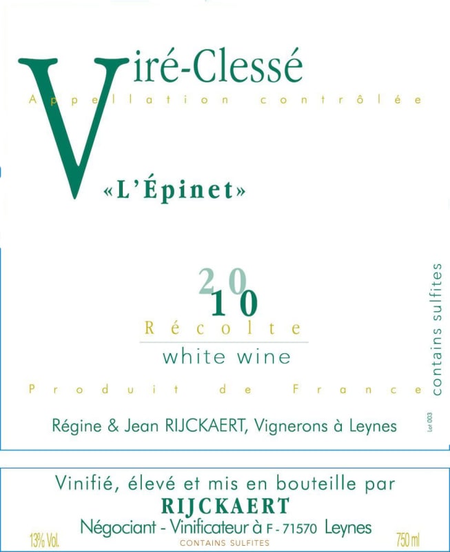 Maison Rijckaert Maconnais Vire-Clesse L'Epinet 2010 Front Label