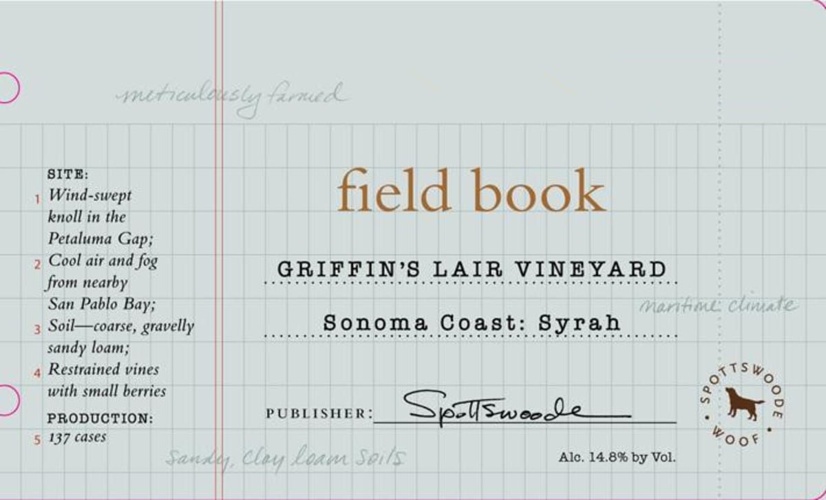 Spottswoode Field Book Griffin's Lair Vineyard Syrah 2013 Front Label