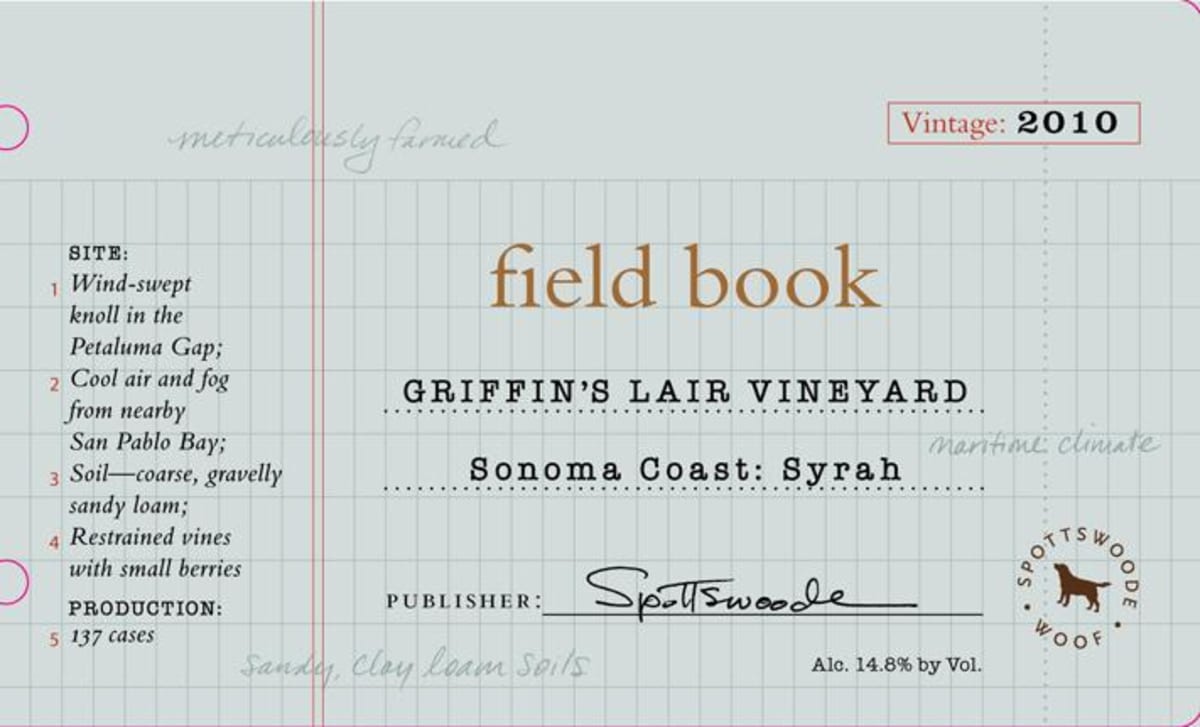 Spottswoode Field Book Griffin's Lair Vineyard Syrah 2010 Front Label