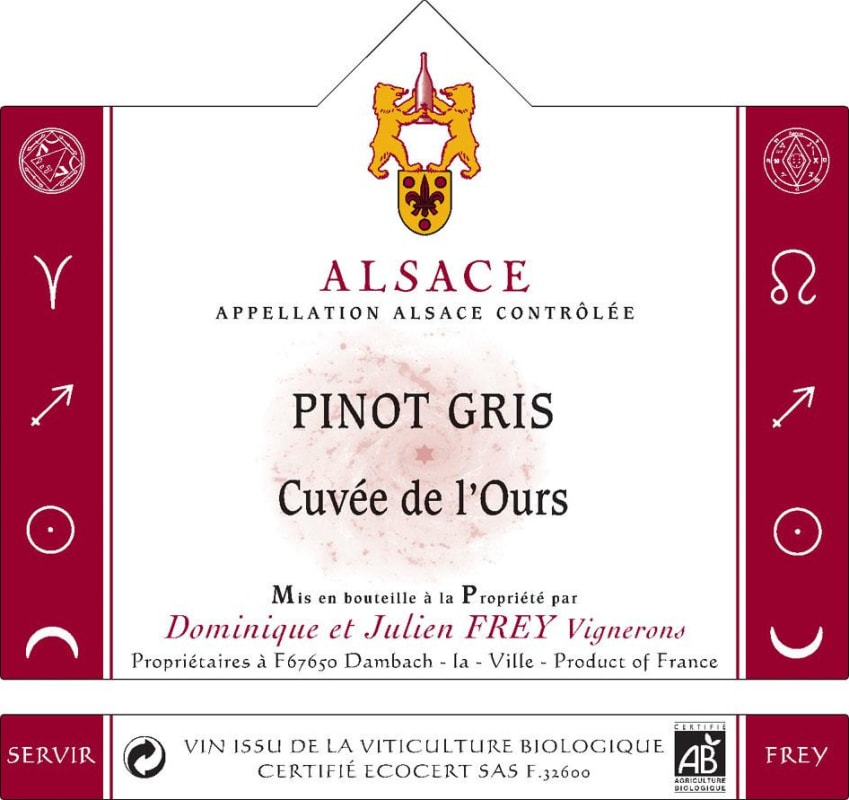 Charles et Dominique Frey Alsace Cuvee de L'Ours Pinot Gris 2010 Front Label
