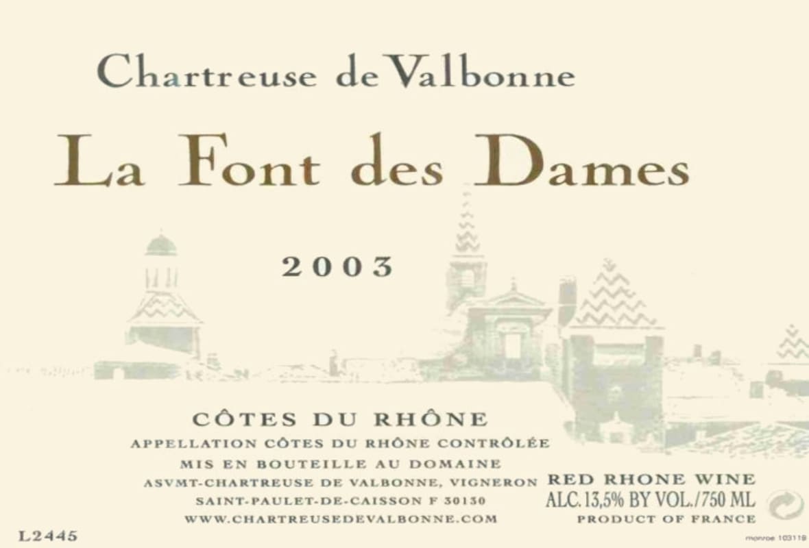 Chartreuse de Valbonne Cotes du Rhone Cuvee de La Font des Dames 2003 Front Label