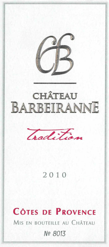 Chateau Barbeiranne Cotes de Provence Reserve Tradition Rouge 2010 Front Label