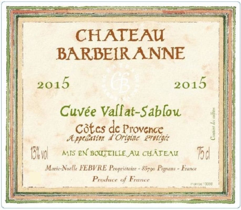 Chateau Barbeiranne Cotes de Provence Cuvee Vallat-Sablou Blanc 2015 Front Label