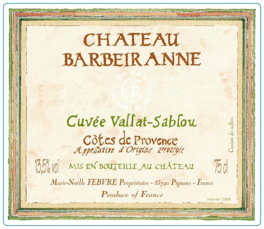 Chateau Barbeiranne Cotes de Provence Cuvee Vallat-Sablou Blanc 2014 Front Label