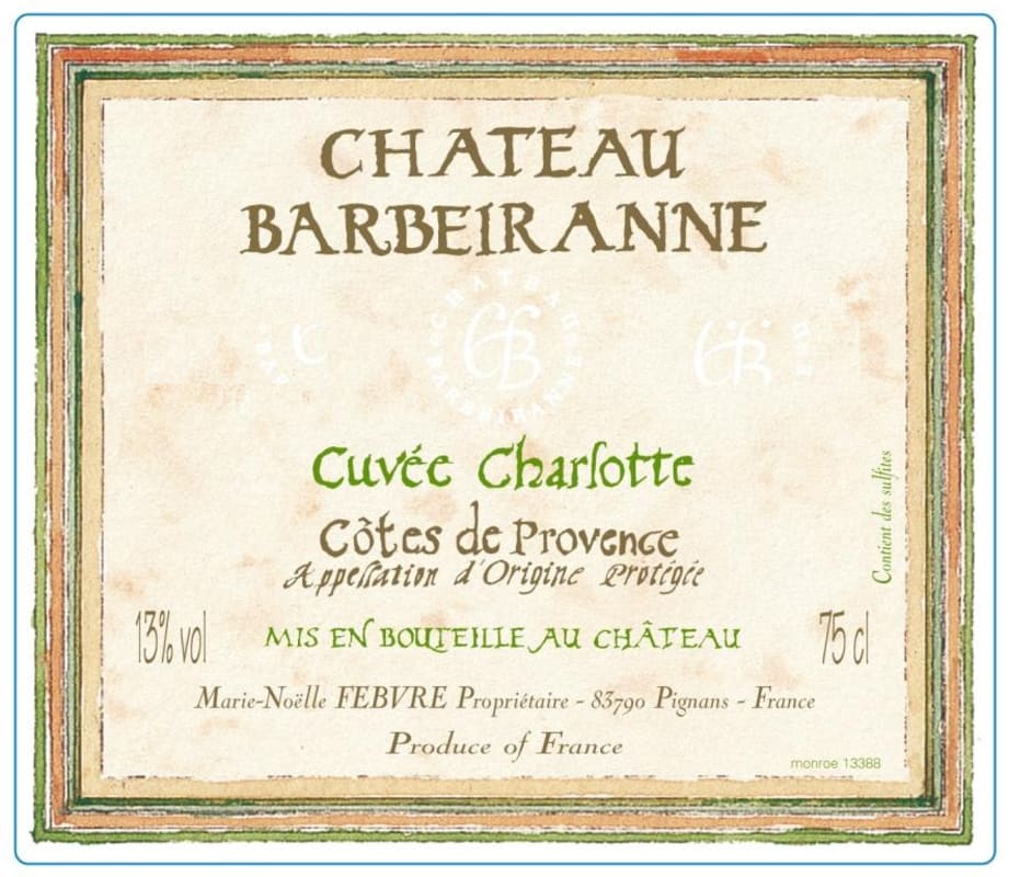 Chateau Barbeiranne Cotes de Provence Cuvee Charlotte Rouge 2011 Front Label