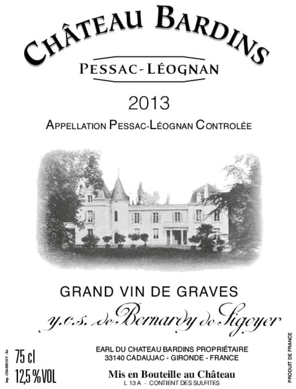 Chateau Bardins Pessac-Leognan Rouge 2013 Front Label