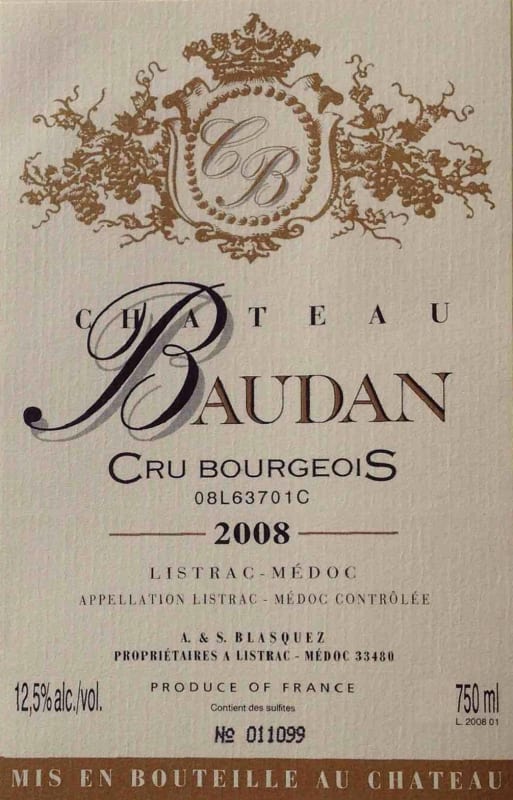 Chateau Baudan Listrac-Medoc 2008 Front Label