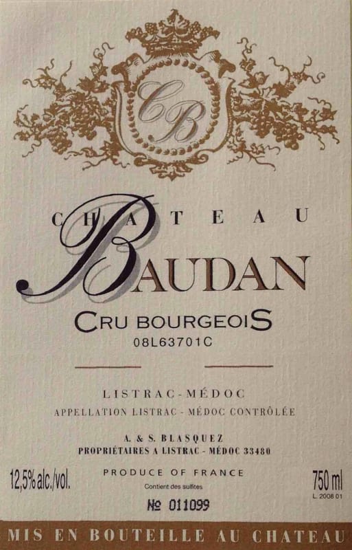 Chateau Baudan Listrac-Medoc 2009 Front Label