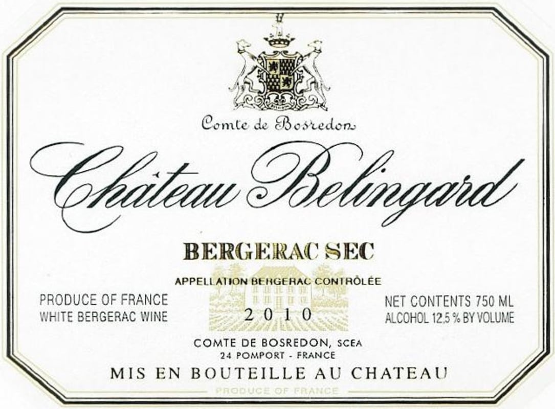 Chateau Belingard Bergerac Sec Blanc 2010 Front Label