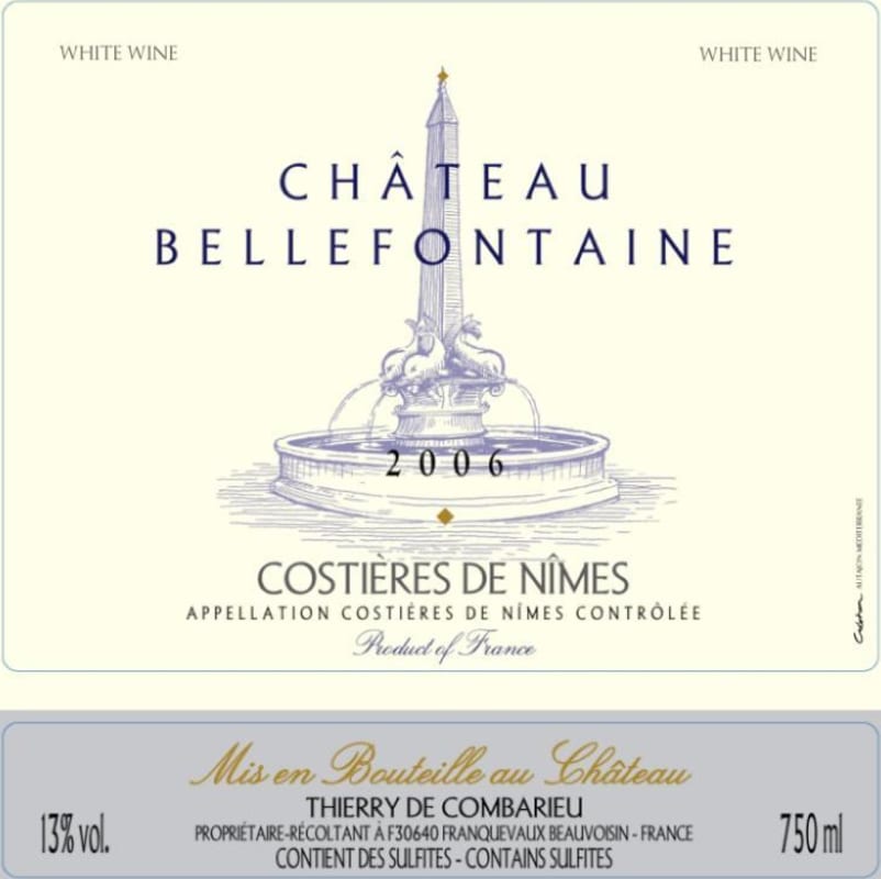 Chateau Bellefontaine Costieres de Nimes Blanc 2006 Front Label