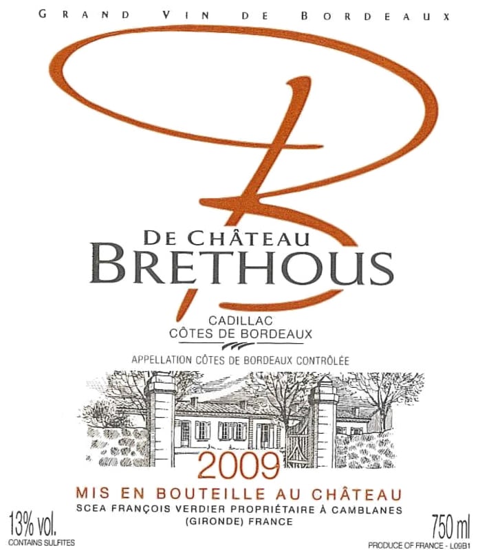Chateau Brethous Cotes de Bordeaux Cadillac B de Chateau Brethou 2009 Front Label