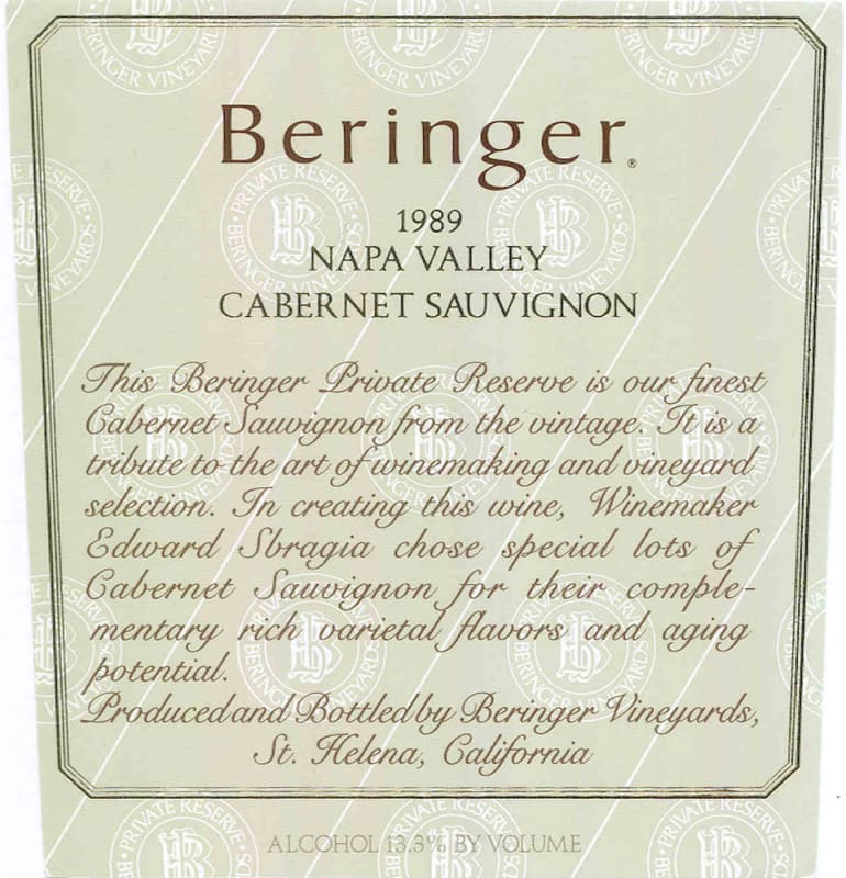 Beringer Private Reserve Cabernet Sauvignon 1989 Front Label