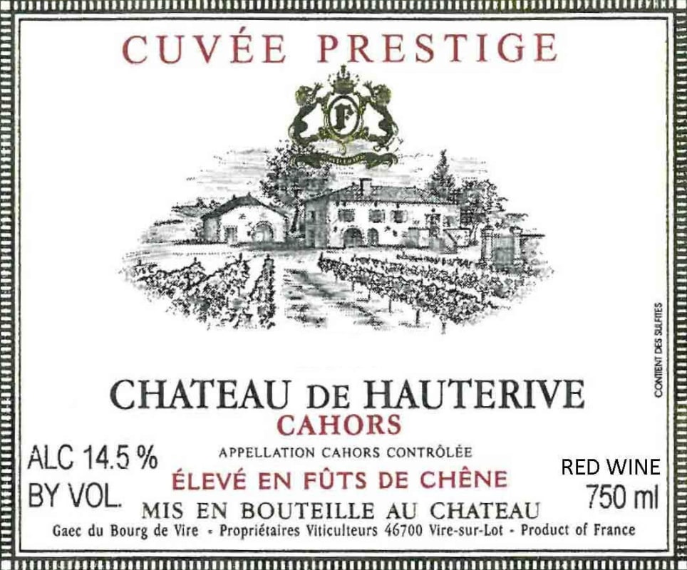 Chateau de Hauterive Cahors Cuvee Prestige 2011 Front Label