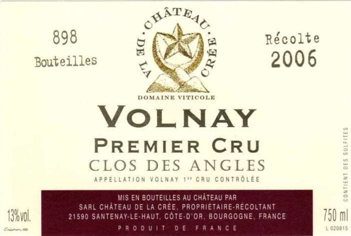 Chateau de la Cree Volnay Clos des Angles Premier Cru 2006 Front Label