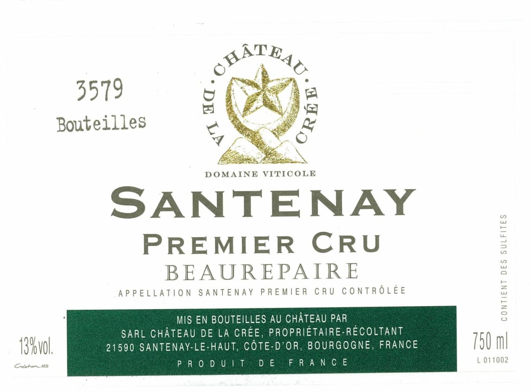 Chateau de la Cree Santenay Beaurepaire Premier Cru 2010 Front Label