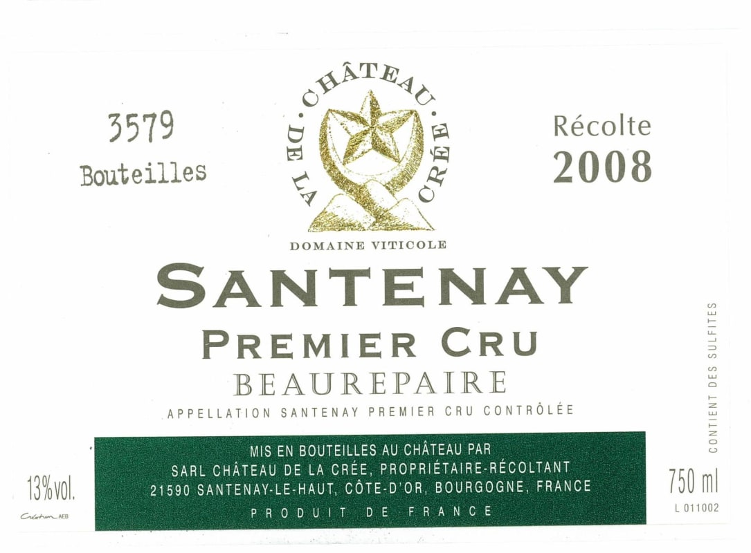 Chateau de la Cree Santenay Beaurepaire Premier Cru 2008 Front Label