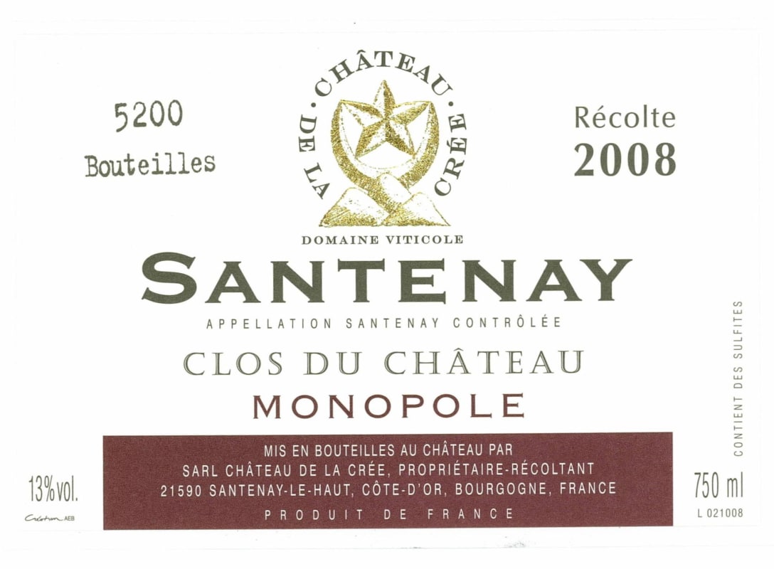 Chateau de la Cree Santenay Clos du Chateau Monopole 2008 Front Label