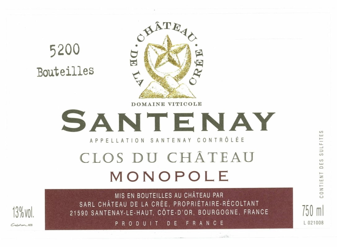 Chateau de la Cree Santenay Clos du Chateau Monopole 2012 Front Label