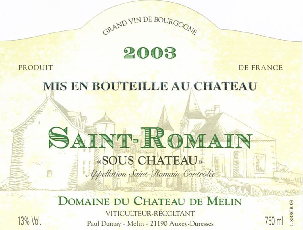 Chateau de Melin Saint Romain Sous Chateau 2003 Front Label