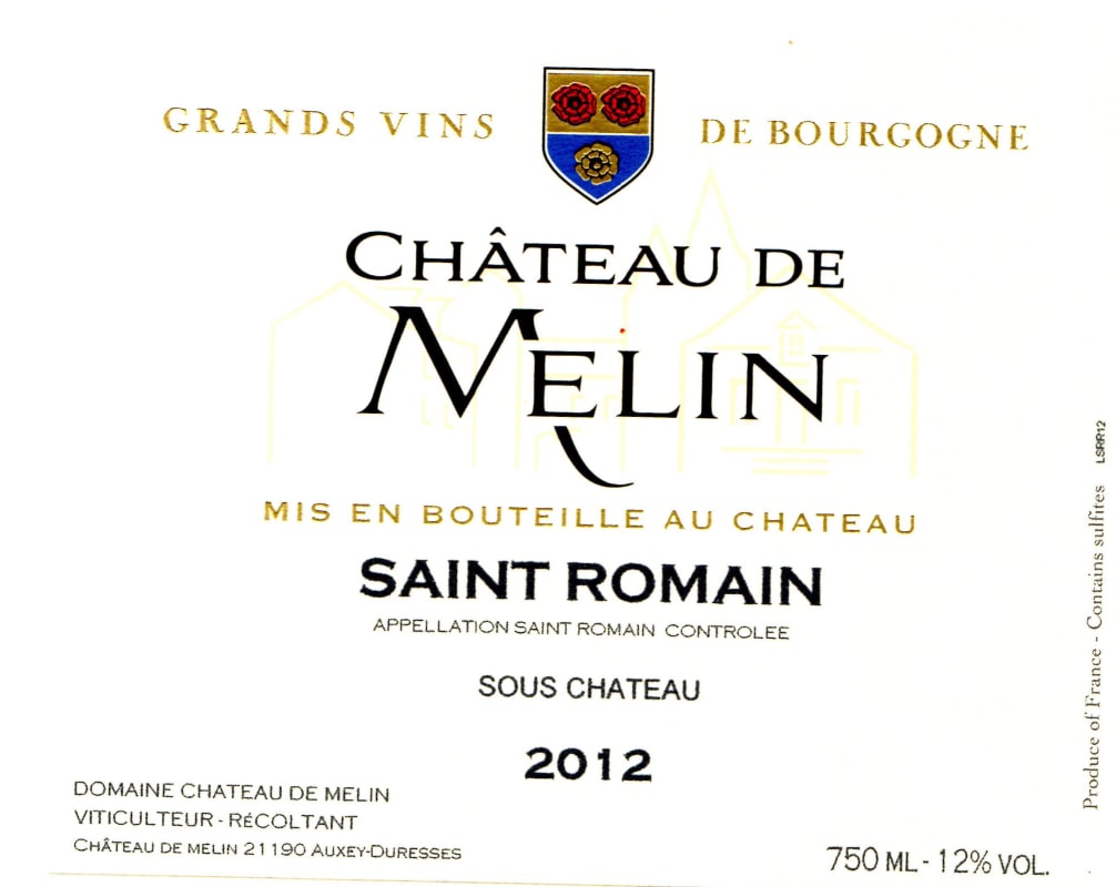Chateau de Melin Saint Romain Sous Chateau 2012 Front Label