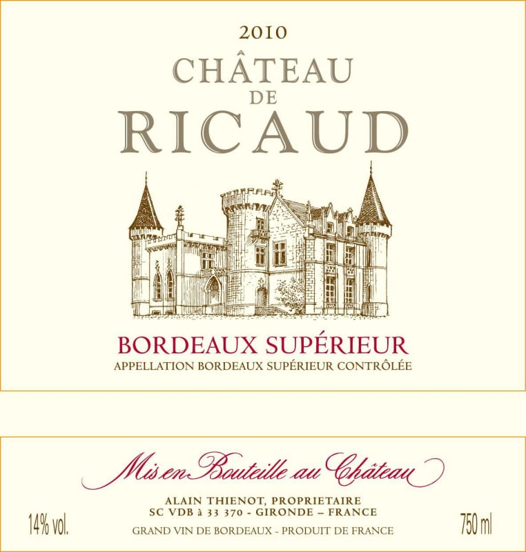 Chateau de Ricaud Bordeaux Superieur 2010 Front Label
