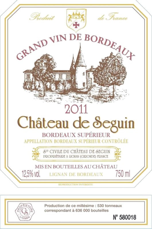 Chateau Seguin Bordeaux Superieur 2011 Front Label