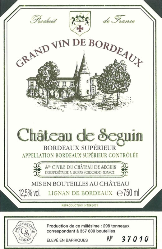 Chateau Seguin Bordeaux Superieur 2008 Front Label