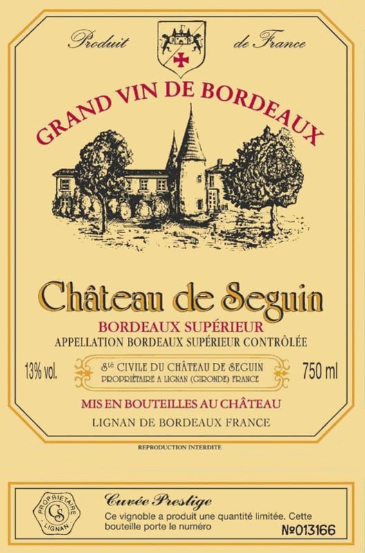 Chateau Seguin Bordeaux Cuvee Prestige Superieur 2014 Front Label