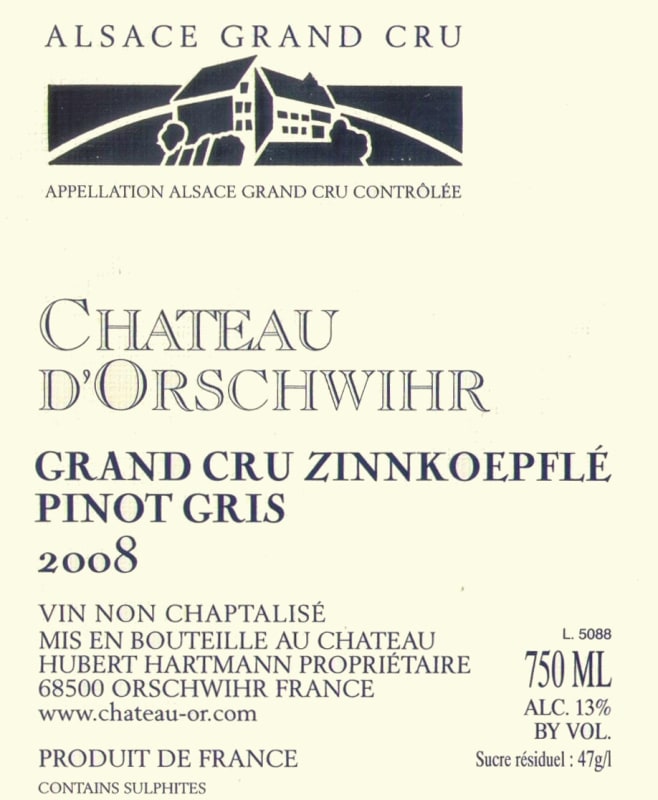 Chateau d'Orschwihr Alsace Zinnkoepfle Grand Cru Pinot Gris 2008 Front Label