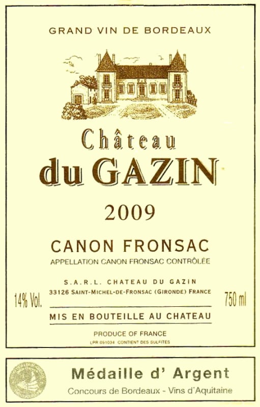 Chateau Gazin Canon Fronsac 2009 Front Label