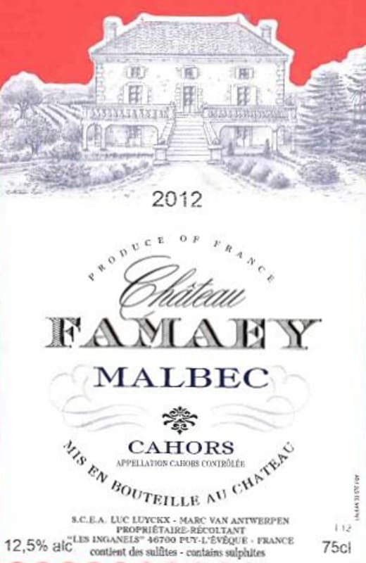 Chateau Famaey Cahors Malbec 2012 Front Label