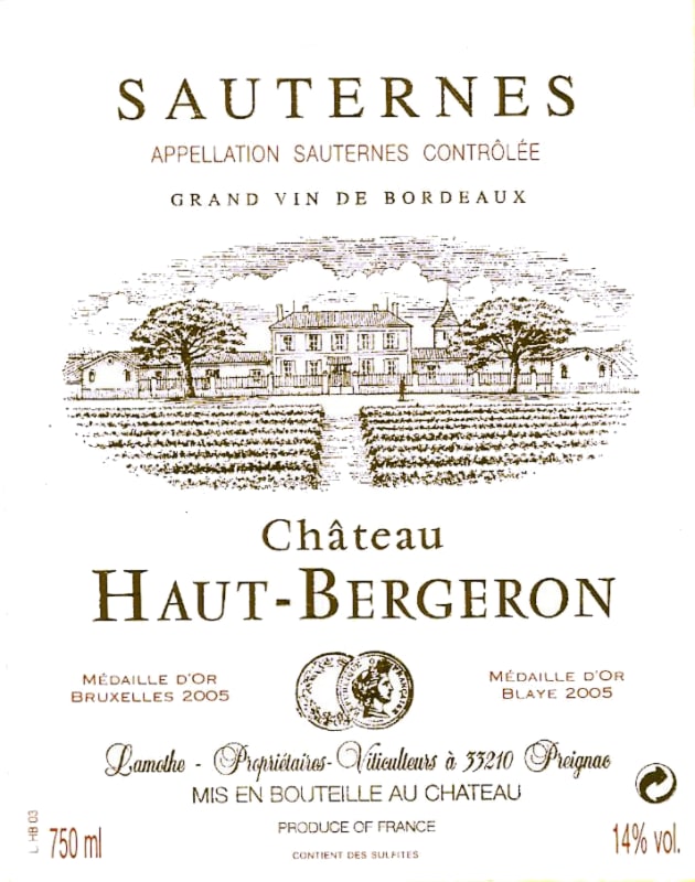 Chateau Haut Bergeron Sauternes 2005 Front Label