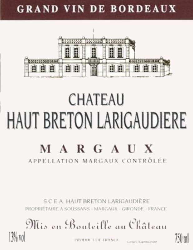 Chateau Haut Breton Larigaudiere Margaux 2013 Front Label