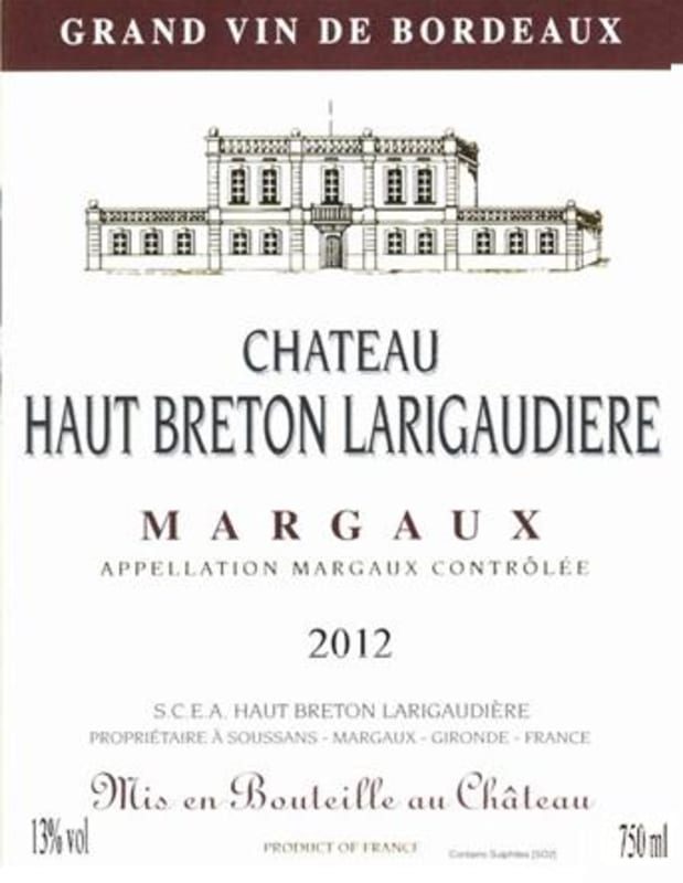 Chateau Haut Breton Larigaudiere Margaux 2012 Front Label