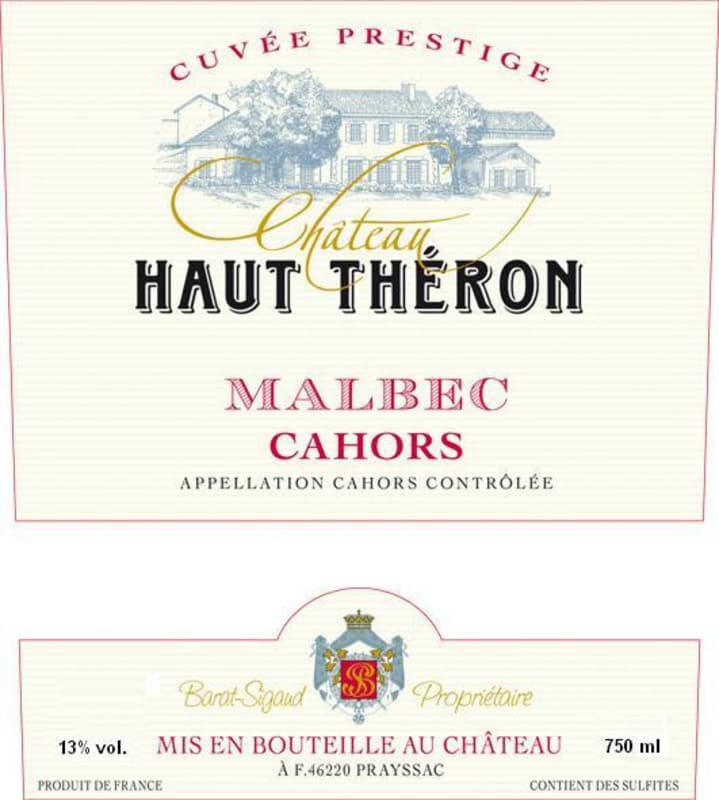 Chateau Haut Theron Cahors Cuvee Prestige Malbec 2012 Front Label