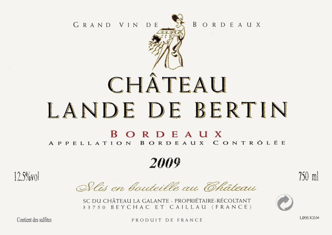Chateau La Galante Bordeaux Chateau Lande de Bertin 2009 Front Label